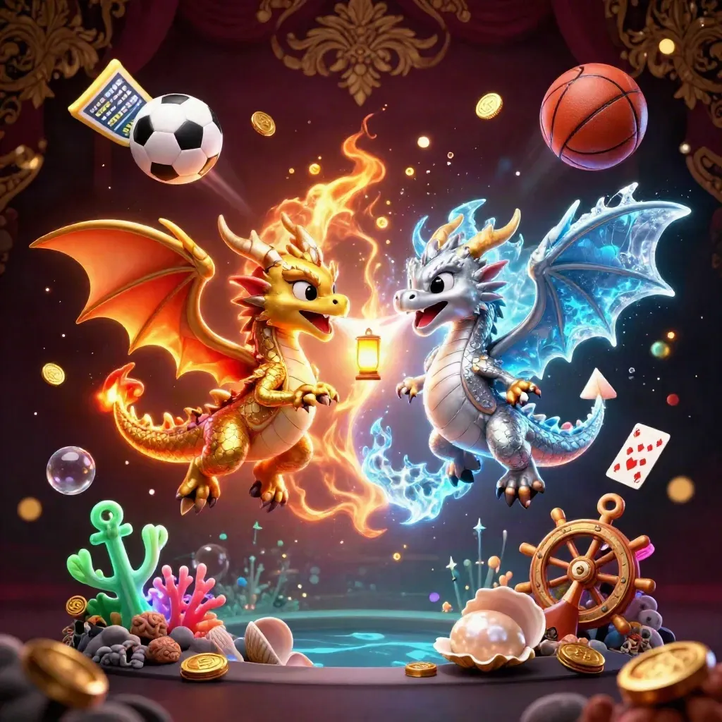 Gold and silver dragons swirl with fire and ice over casino sports icons and treasure lights.