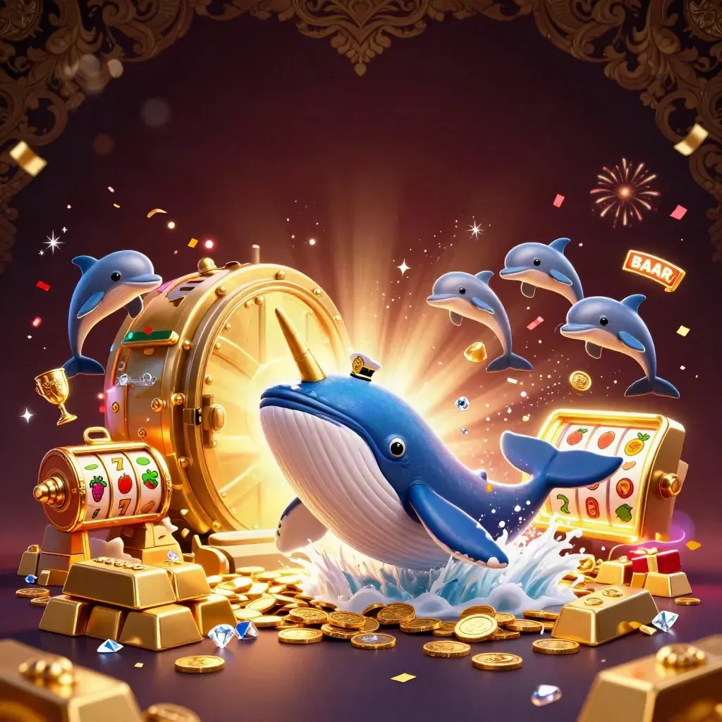 Whale captain, narwhal, and dolphins burst from coins and treasure in a luxe casino fantasy scene.