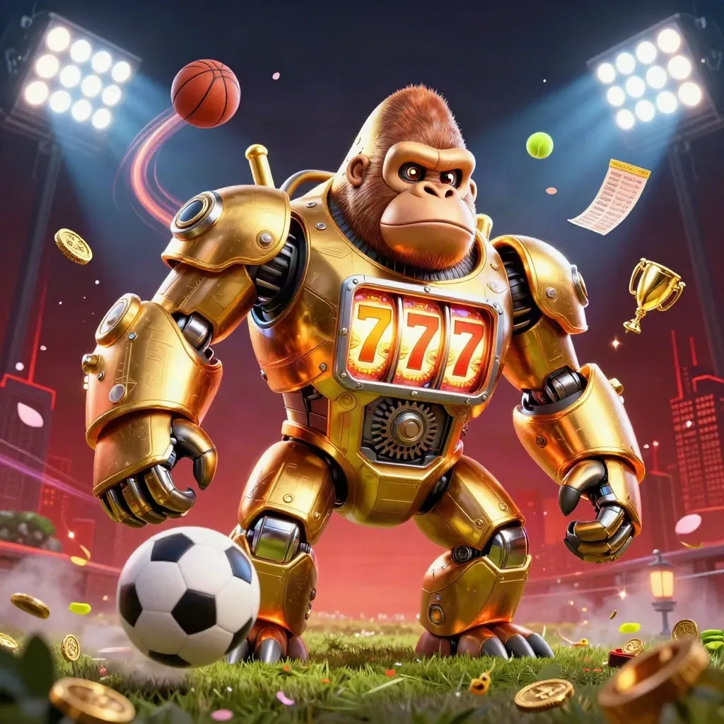 Golden gorilla mech with monkey pilot, flying sports balls, trophy and coins in a neon casino night scene