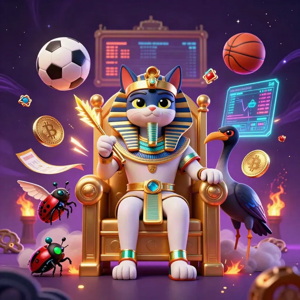 Pharaoh cat, ibis, scarabs, coins and sports balls burst in luxe casino glow.