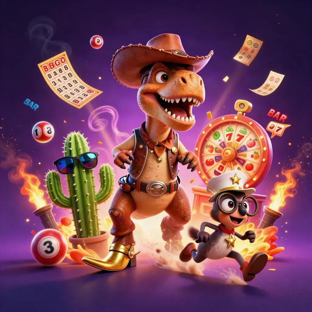 Cowboy T-rex, cactus sidekick, and roadrunner amid casino bursts, gold reels, and glowing sparks.