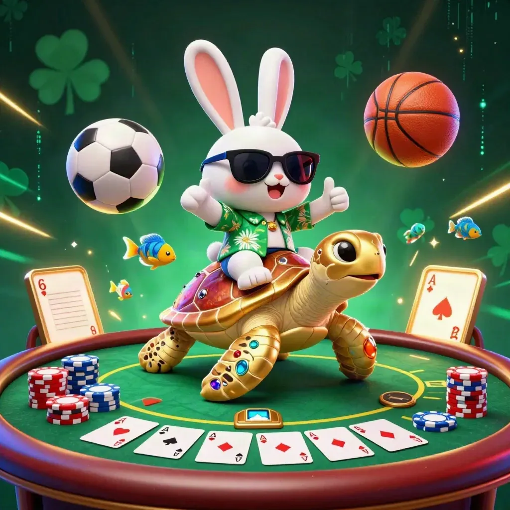 Lucky rabbit on golden turtle amid chips, aces, sports balls and neon casino glow