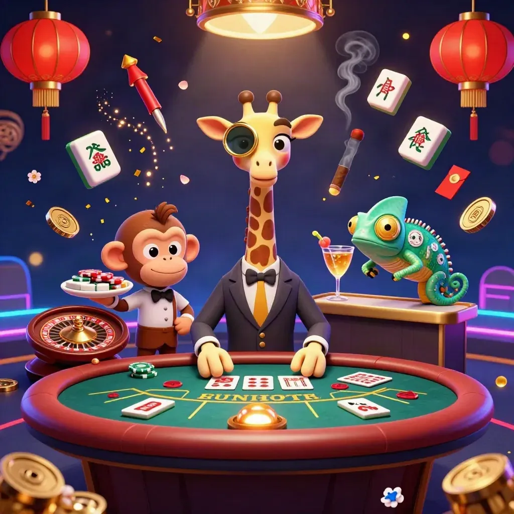 Giraffe, monkey, and chameleon at a luxe casino table amid glowing lanterns, coins, and fireworks.