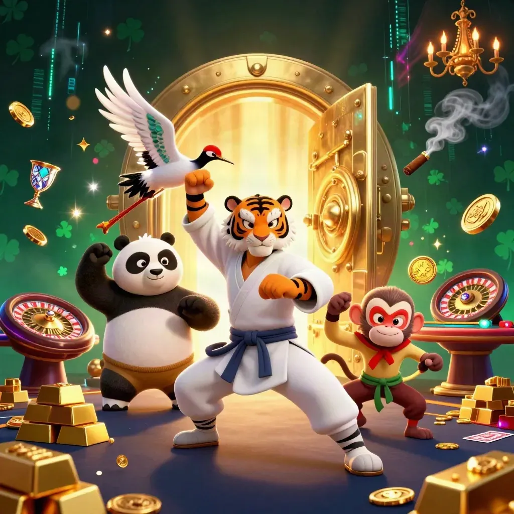 Kung-fu tiger, panda, and monkey in a glowing casino vault amid gold, gems, and neon light