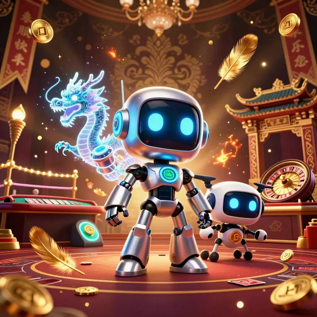 Cyberpunk robot, holographic dragon, and coin drone amid luxe casino ruins, gold light and smoke.