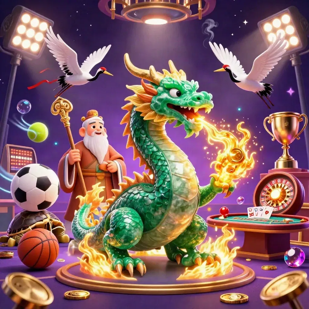 Emerald dragon, turtle sage and cranes in a luxe casino room with gold fire and glowing game props.