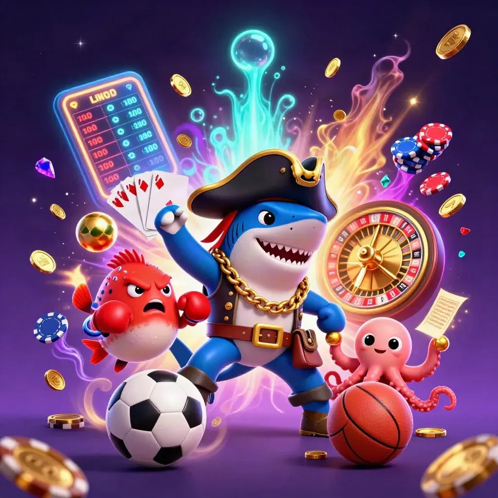 Pirate shark, pufferfish and octopus amid coins, cards, chips, ball, and basketball.