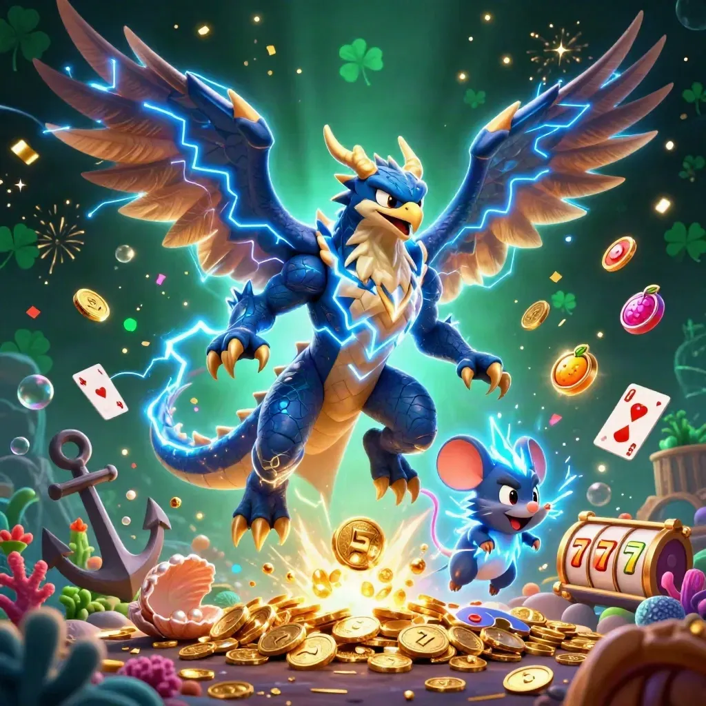 Thunder dragon, wind hawk, and thunder-mouse in a gem-filled treasure cove with casino sparkle