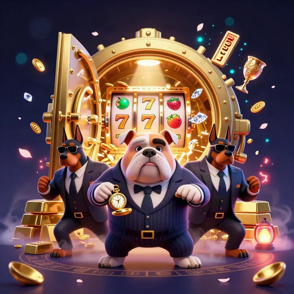 Bulldog mob boss and two Dobermans burst from a golden vault amid treasure and neon red glow.