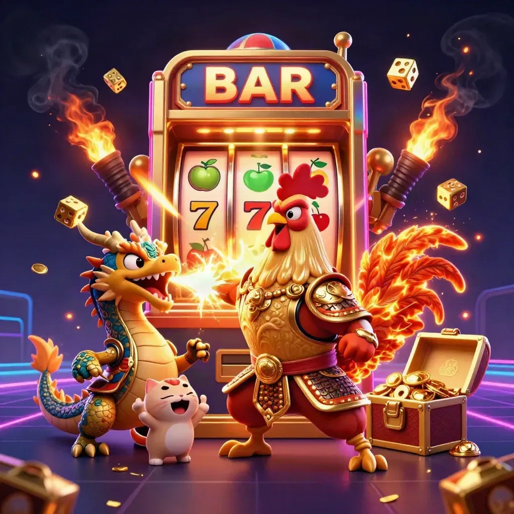 Rooster samurai, spark-breathing dragon hatchling, and fortune cat amid jackpot burst and gold