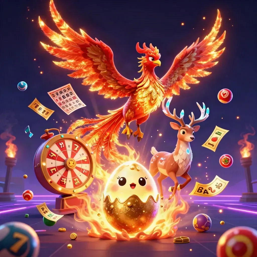Fire phoenix, baby phoenix, and crystal stag burst through neon casino magic and gold sparks.