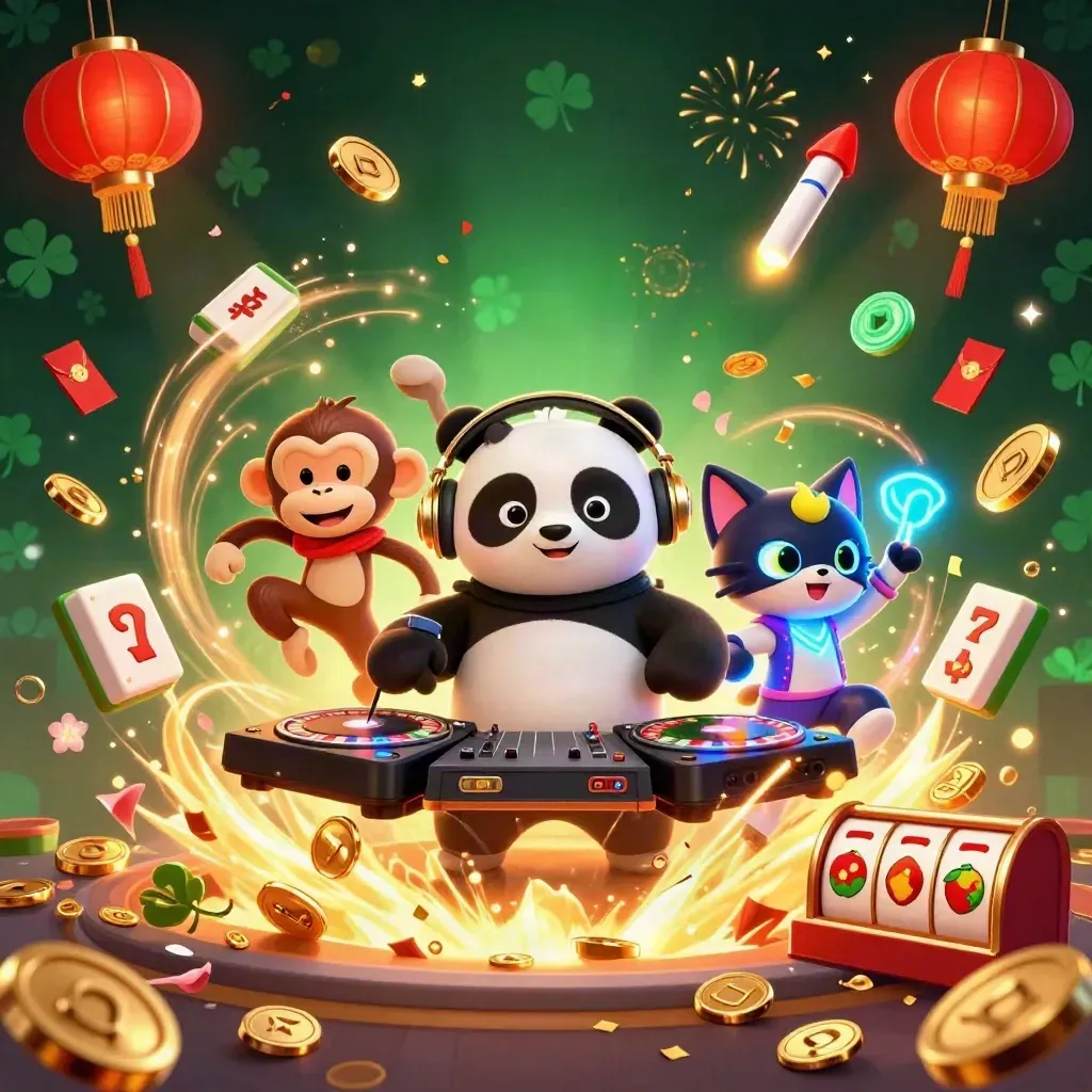 DJ panda, dancing monkey, and glow-kitten amid vault coins, fireworks, and casino symbols