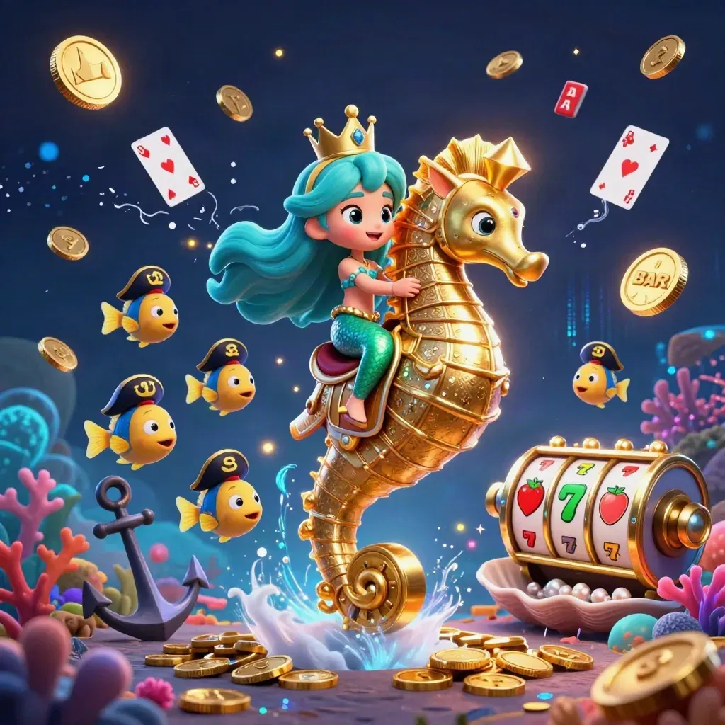Mermaid princess rides a golden seahorse amid coins, fish, reels, and treasure