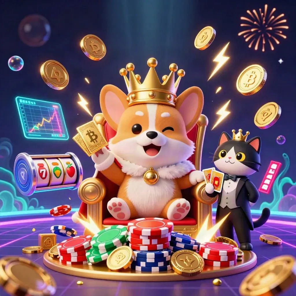 Royal corgi and cat butler amid casino treasure, coins, reels, and neon lightning.