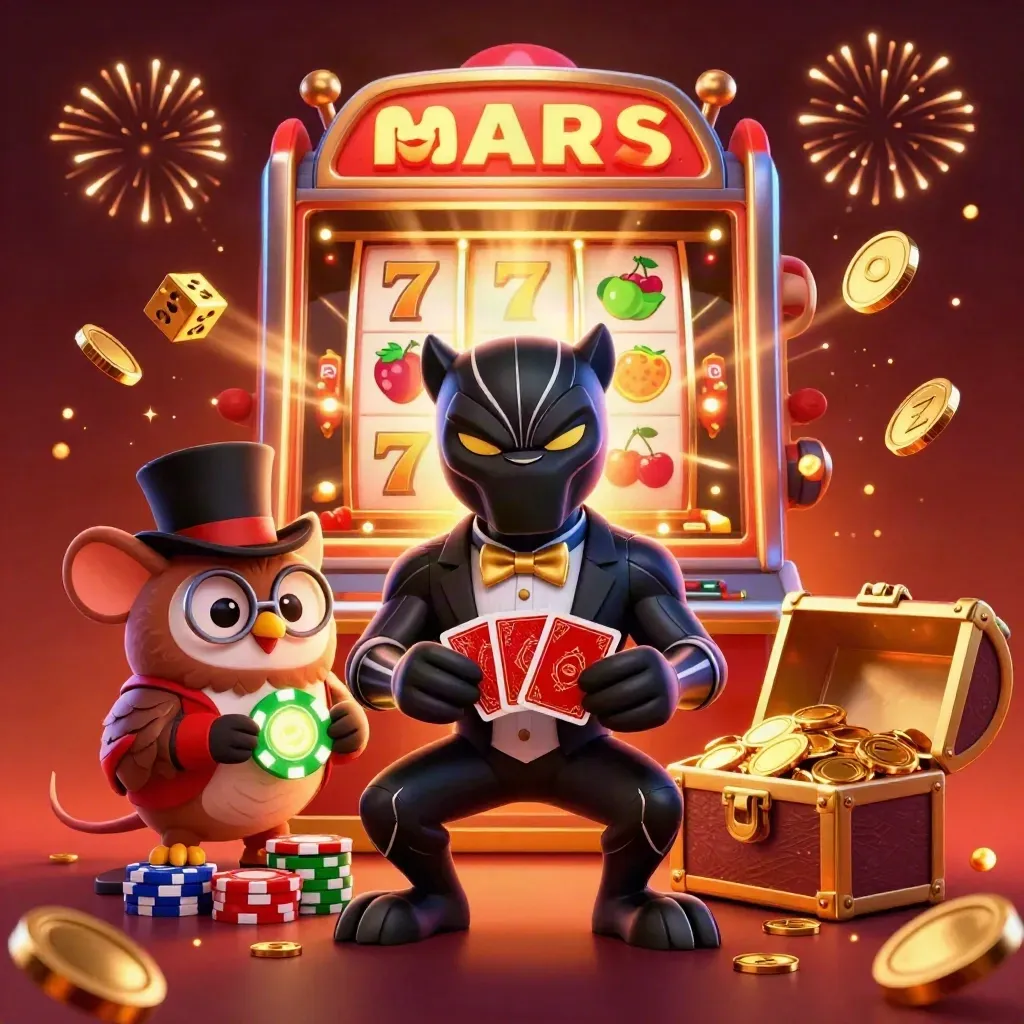 Panther, owl, and mouse in tuxedo amid bursting slot jackpot gold and fireworks.