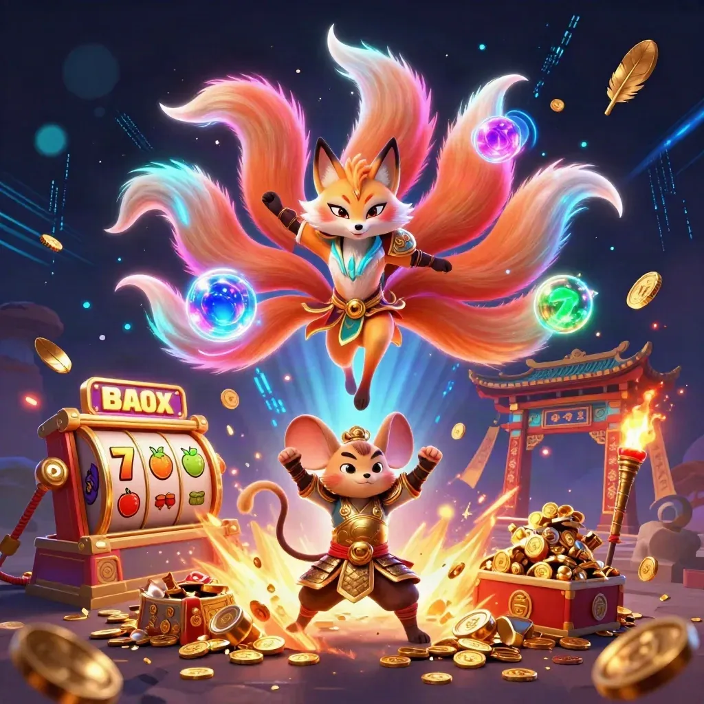 Neon fox spirit and armored mouse amid coins, reels, temple gate, and fireworks