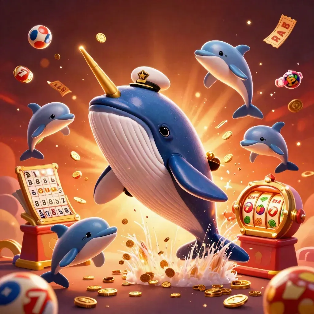 Whale captain, narwhal, dolphins, casino props, and glowing coins in a premium slot-game splash scene.