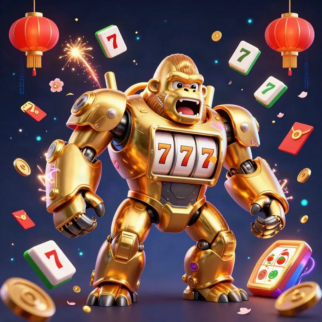 Golden gorilla slot mech with monkey pilot amid lanterns, coins, petals, and neon energy