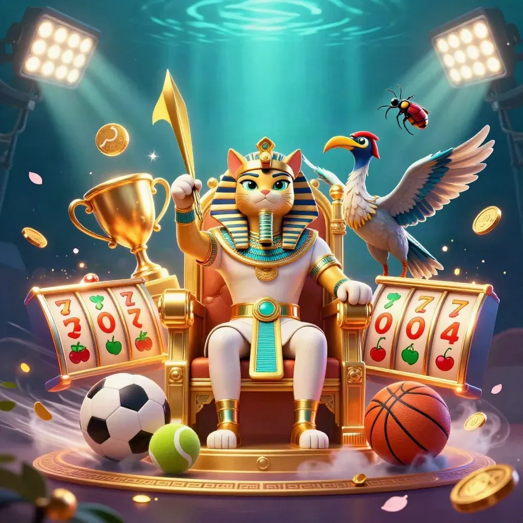 Pharaoh cat and ibis scribe on a gold throne, scarabs and slot icons swirling in a neon casino burst.