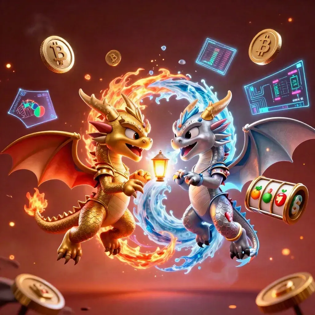 Gold and silver dragons form a yin-yang amid casino coins, slots symbols, and ember glow.